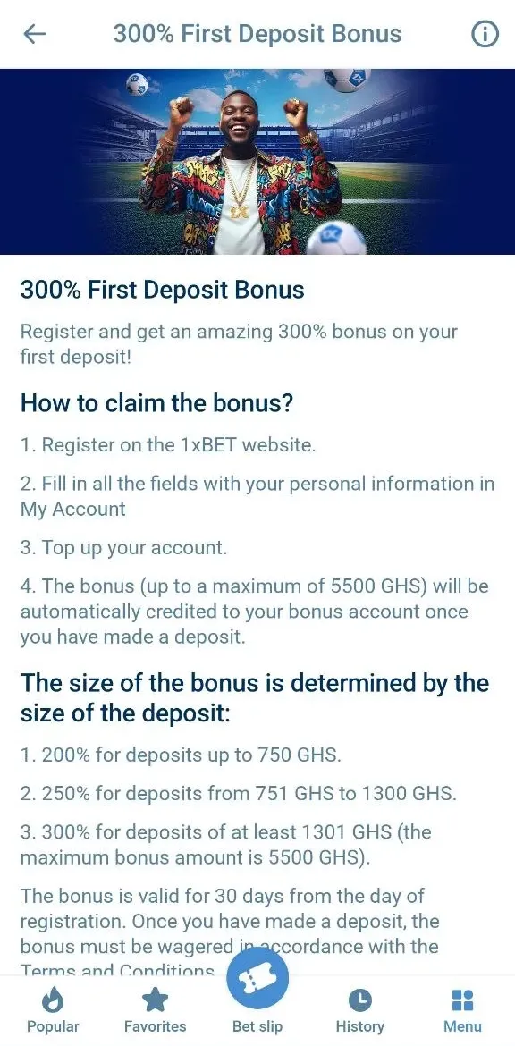 1xBet app welcome bonus screen