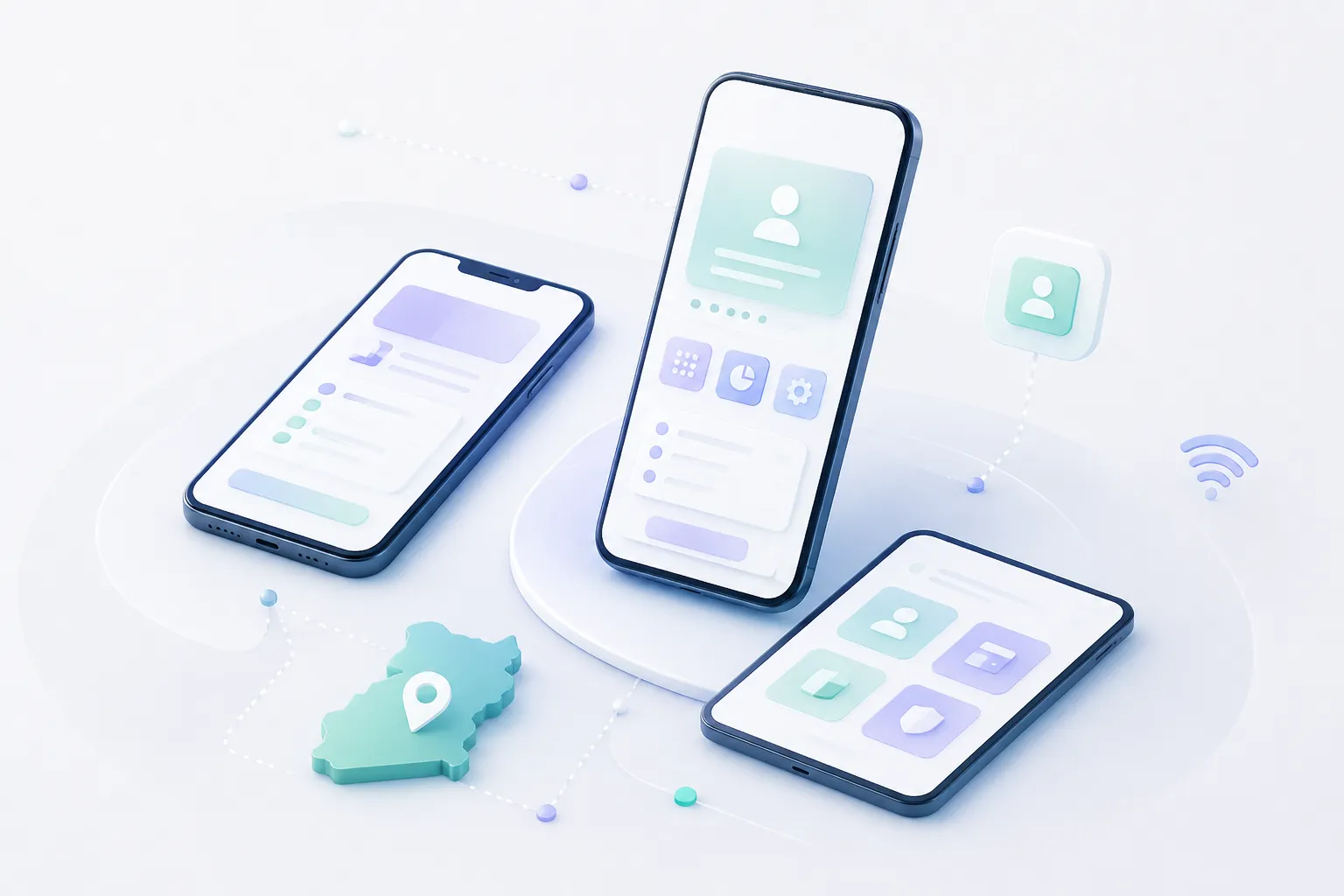 Mobile devices showing abstract app-based access for online services